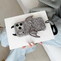 3D Plush Devil Horn Wings Case for iPhone 17/16 Pro Max/15/14 - Women's Edition iPhone 17 pliušinis pilkas velnio ragų sparnų spalva