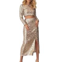 2 Pcs/Set Women Top Skirt Suit Shiny Sequin Long Sleeve O Neck Short