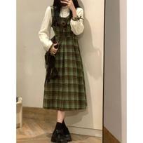 2025 Retro Mori Plaid Wool-Blend Two-Piece: Slim Waist Dress for Students, Autumn/Spring L (53-58kg)