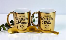 Dovanų rinkinys su aukso spalvos veidrodiniais puodeliais „Auksinė krikšto mama, auksinis krikšto tėtis“