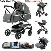 BAZARLAND30.Kombinuota 3 in 1 Vaikiška vežimėlis su automobiline isleikima - naktinė palaidinė trio, apverčiama, reguliuojama, aukštos kokybės, nepriklausomos ratukai. pilka