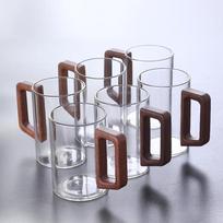 Stiklinės arbatos puodeliai su medine rankena, 300 ml (6 rinkinys)
