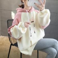 Women's Velvet Thickened Contrasting Color Sweatshirt Hooded Lazy Style Autumn and Winter Korean Style Student Patchwork Jacket L rožinė