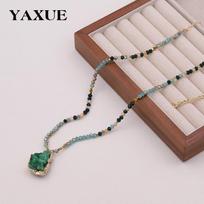 Multicolor Stone Beaded Pendant Necklace - Light Luxury Sweater Chain Jewelry Electroplated