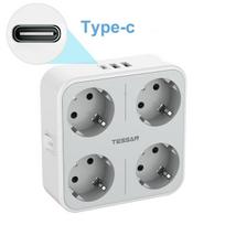 TESSAN Europos kištukinis kelioninis adapteris USB sieninis lizdas su įjungimo/išjungimo jungikliu, 4 EU lizdai, 3 USB prievadai, 7 viename maitinimo įkroviklis namams 4 Outlet&2 Type-A&1Type-C pilka spalva