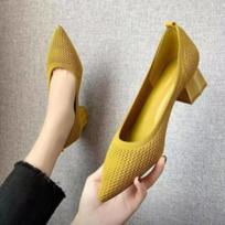 Pointed Grandma Shoes French Knitted Mesh Flying Knit Thick Heel High Heel Single Shoes Versatile Women's Shoes 34 chaki