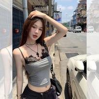 Women Vest Lace Patchwork Sling Tops Backless Sexy Lady Inner Wear For Party Club Bar Casual Tees Fashion Beauty Sweat Tank Tops S gray
