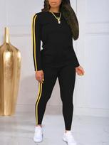 Women's Casual Two-Piece Sportswear Set: Long-Sleeve Top & Slim-Fit Pants with Side Stripes, Multi-Color Options Small