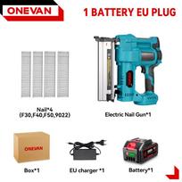 ONEVAN Šepetėlių neturintis elektrinis 2 viename vinis kaltuvas/sagtukų pistoletas F15-50 K410-438 Bevielis vinis kaltuvas su 4 režimų vinimis 21V 18V baterijai 1xBattery-EU PLug