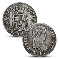 Ispanija, 1813 m., Ferdinando VII dviejų kolonų sidabrinė moneta, užsienio valiuta, antikvarinė moneta, sidabrinis doleris, sidabrinis doleris, antikvarinė moneta