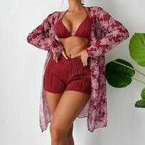 Moteriškas trijų dalių maudymosi kostiumėlių komplektas su aukštu juosmeniu ilgomis rankovėmis su marškinėliais su raišteliu marginti bikinio kostiumai S juoda