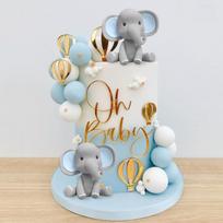 Elephant Cake Decoration with Mini Elephant Oh Baby Cake Topper Blue White Pearl Balls Hot Air Balloon for Baby Shower