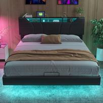 Lova 160×200 cm, LED apšvietimas, hidraulinė pakėlimo sistema, reguliuojamas galvūgalis, juoda, PU