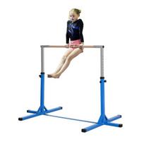 "HOMCOM" horizontalusis strypas reguliuojamo aukščio gimnastikos horizontalusis strypas 13 pakopų, iki 75 kg svorio, pagamintas iš plieno ir buko medienos, mėlynos spalvos, skirtas gimnastikai ir treniruotėms, Mėlyna