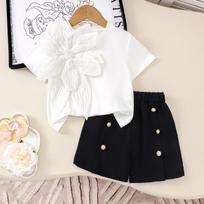 Summer Hot-Selling Girls' Set for Young Children Solid Color Short Sleeve T-Shirt + Shorts 4Y balta