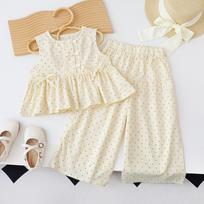 Baby Girl's Casual Clothing Round Neck Sleeveless Polka Dot Top+Wide Leg Pants Set with Bow and Botton Summer 2PCS Set 100