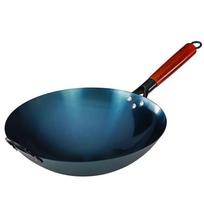 Tradicinė rankomis kalta anglinio plieno wok keptuvė su rožmedžio rankena
