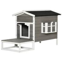 Kačių namelis su terasa ir balkonu katėms, eglės mediena pilka + balta 115 x 66,5 x 74,7 cm