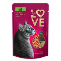 Pilnavertis konservuotas pašaras suaugusioms katėms su jautiena ir morkomis drebučiuose MY LOVE 85g x 24