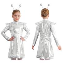 Vaikų mergaičių Helovino ateivio suknelės kostiumas 2 dalių rinkinys, kosmoso tema su lanku plaukams vakarėliui, Cosplay ir pasirodymui 5-6 Years mėlyna