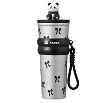 Panda nerūdijančio plieno izoliuotas puodelis su šiaudeliu