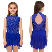 Mergaičių lyriško šokio pasirodymo kostiumas: Sleeveless Cutout Back Dress with Sheer Mesh Patchwork, High-Low Hem & Shiny Rhinestones 5-6 Years mėlyna