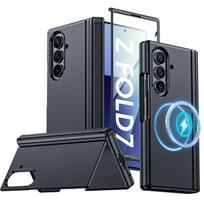 Skirta Samsung Galaxy Z Fold 7 su magnetine galia [Paslėptas stovas][Ekrano apsauga][Vyrių apsauga] Plonas smūgiams atsparus apsauginis telefono dėklas - Šviesiai mėlynas juoda