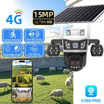 V380 Pro Saulės Kamera 3 Objektyvai 4G Saugos Kameros Lauko Išmanusis Namas Saulės Energija PTZ IP 15MP Naktinis Matymas CCTV Stebėjimas 4G camera