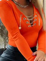 Elegant V-Neck Long-Sleeve Chain Women's Autumn/Winter Casual Top XL oranžinės raudonos spalvos