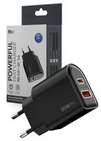 Greitojo įkrovimo įkroviklis FIT2 K22 30W su USB-C PD ir USB-A QC, juodas