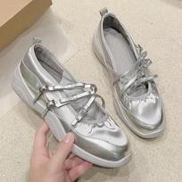 Silver Mary Jane Shoes for Women Sneakers Fashion Bowknot Cross Belt Buckle Casual Shoe Ladies Soft Leather Platform Ballet Shoe 35 sidabras