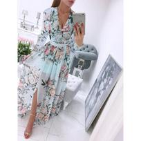 Gėlių raštu ilgomis rankovėmis šifoninė Boho suknelė Madinga suskirstyta maxi suknelė moteriška Boho atostogų paplūdimio vakarėliu laisvalaikio ilga suknelė L mėlyna