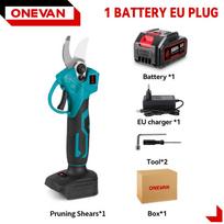 ONEVAN 32 mm bešepetės elektrinės genėjimo žirklės, didelės galios 2 pavarų genėjimas sodo medžių šakų pjovimo žirklės įrankis, skirtas Makita 18V-21V akumuliatoriui 1Battery 1EU charger