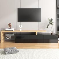 TV spintelė su LED apšvietimu, blizgi juoda, medžio imitacija, stiklinės lentynos, 1 vnt