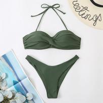 Sexy String Bandeau Swimsuit Bandage Bikini Wrinkles Pleated Push Up Swimwear Women Beach Outfits Bathing Suits Bikinis S žalia