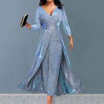 Moterų vakarinė suknelė Dvisienė raukinė Susiūta blizgučiais Pilna suknelė Be petnešėlių Jumpsuit 3XL mėlyna
