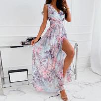 Vasaros gėlių raštas, ilga maxi suknelė, moteriška be rankovių, šifono suskirstyta gėlėta chalatai, moteriškos elegantiškos Boho V kaklo vakarėlio suknelės L šviesiai žalios spalvos