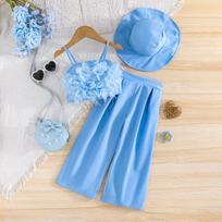 New Girls' Sling Pants Set + Hat 3-piece Elegant Children's Set 2-3Y mėlyna