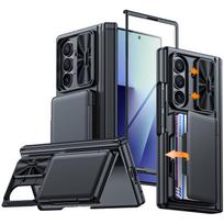 For Samsung Galaxy Z Fold 7 Phone Case with Card Holder[RFID Blocking]Camera Cover,Hinge Protection,Hidden Kickstand,Screen Protector-Black juoda