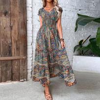 Moteriškos senovinės spausdintos Maxi suknelės Vasaros laisvalaikio V kaklo trumpomis rankovėmis elastinga juosmens suknelė Moteriška Boho Beach Big Swing ilgos suknelės 2XL mėlyna