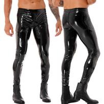 Vyriški antblauzdžiai Wet Look Lakinės odos kelnės Pėdkelnės dvipusės užtrauktuku tarpkojo kelnės Sceninis pasirodymas 3XL juoda