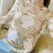 Prabangūs krištoliniai blizgučiai, siuvinėjimas, palaidinė, nėriniai, sunkūs karoliukai Seksualūs Blusas Camisa Vakarėlis Klubai Tuščiaviduriai L migdolas