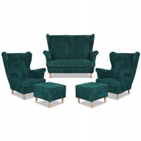Bonito sofų komplektas su foteliais ir pufais Family Furniture žalios spalvos