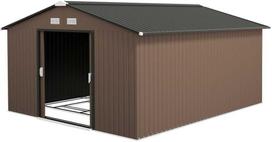 Outsunny sodo namelis 12,4 m², sodo namelis su vienšlaičiu stogu, stumdomos durys, pamatas, 340 x 386 x 200 cm, įrankių namelis iš cinkuoto plieno, atsparus oro sąlygoms, sodui, rudas
