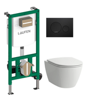 WC puodo komplektas: su QR/SC dangčiu Laufen Rimless, Ineo potinkinis rėmas, Moon mygtukas, juodas KK FIORA INEO MOON BL