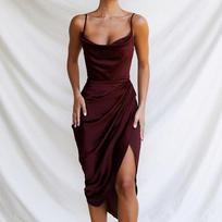 2023 m. madinga atlasinė elegantiška seksuali suknelė moteriška, plona, ​​suskirstyta vakarėliui, suknele su aukštu juosmeniu Bodycon suknelės be petnešėlių Vestido 24941 M oriono spalva