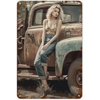 Pinup merginos su automobiliais Metalinės skardinės plokštelės Sienų dekoracija Vintažiniai meno plakatai Geležies tapyba vyro namams, kavinei, sodo klubui B 20x30cm（7.8x11.8inch）