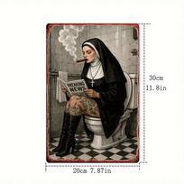 Retro metalinis plakatas: Juokinga rūkanti vienuolė Vonios kambario Dekoracija | 8x12 col. Lengvai Montuojama Katalikiška Dovana 20x30cm（7.8x11.8inch）