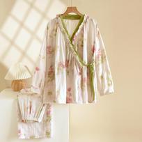 Moteriškas grynos medvilnės kimono pižamos komplektas – ilgomis rankovėmis ir kelnėmis pavasariui/rudeniui, nešiokite patalpoje/lauke Extra Large white