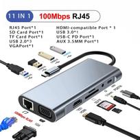 USB C stotelės 11-in-1 USB C HUB Type C į 4K HDMI adapteris USB 3.0 skirstytuvas su PD/RJ45/3,5 mm/TF/SD nešiojamam kompiuteriui Macbook 11 in 1 gray